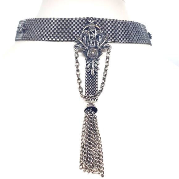 Vintage Victorian Revival Mesh Choker Necklace Tassel Chain Floral Art Silver - Picture 1 of 13